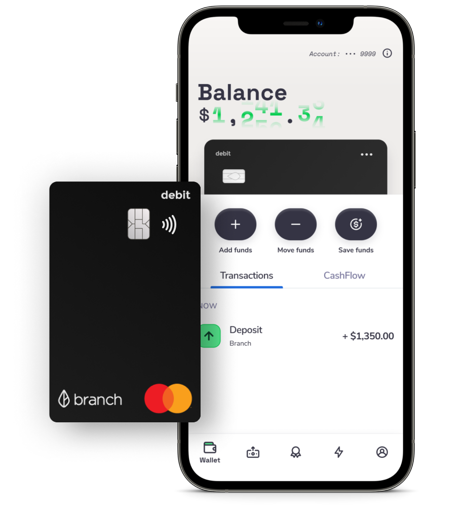 Phone with Branch App and Branch Debit Card